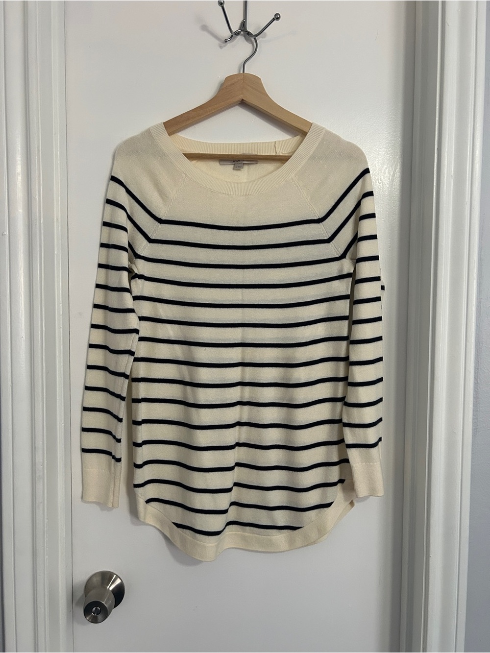 LOFT Cream and Black Striped Crewneck Sweater